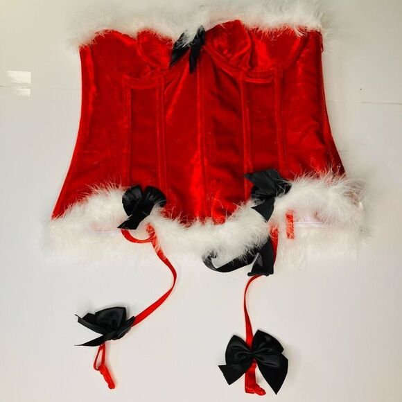 Santa Baby Red Velvet Christmas Holiday Corset with Faux Fur Trim & Bows, OS - Picture 3 of 7